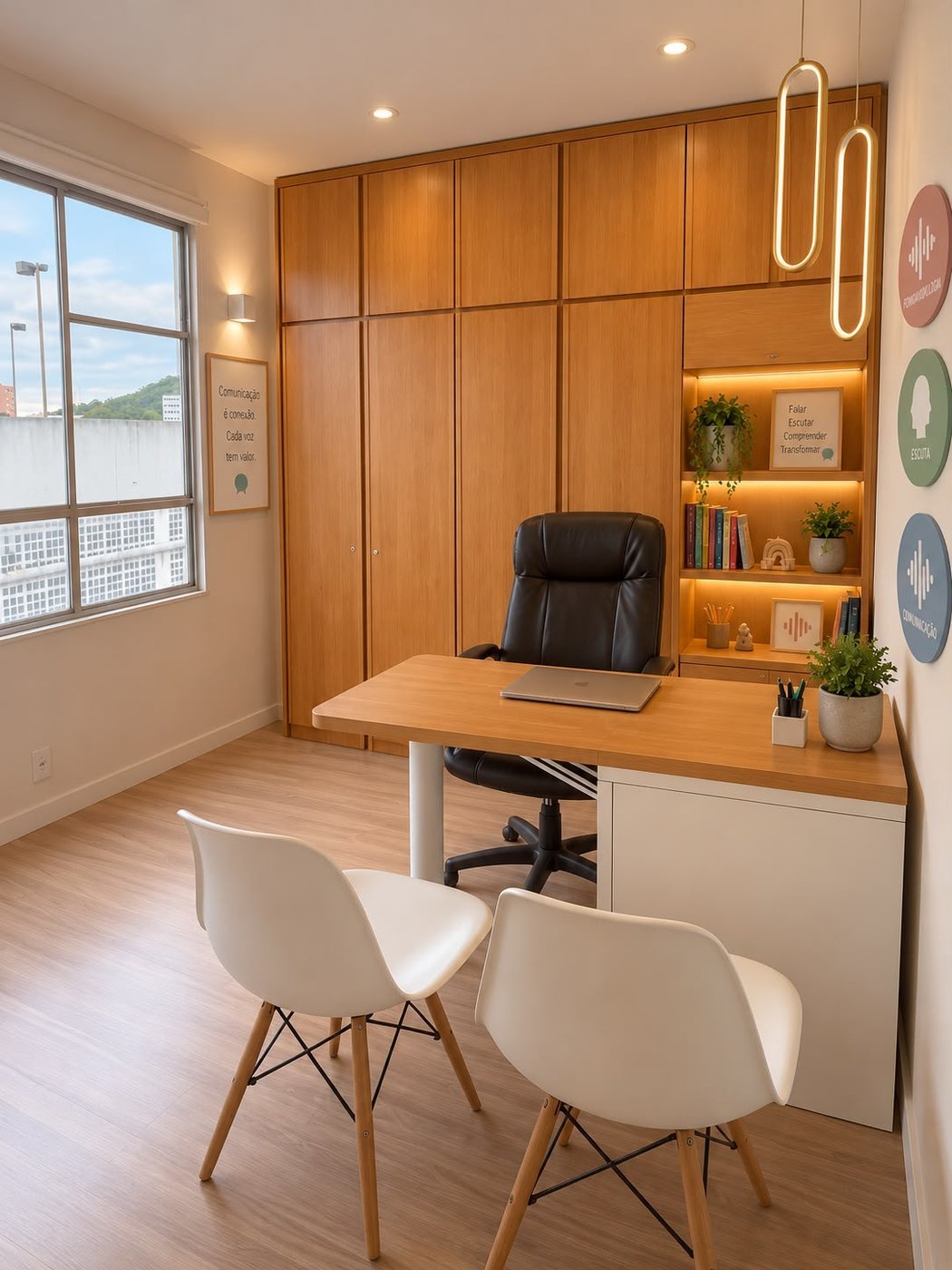 Sala de terapia com armários em madeira, mesa de atendimento, cadeiras e quadros das especialidades