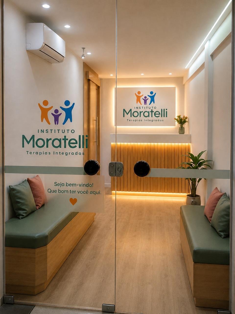 Recepção com logo do Instituto Moratelli, bancos estofados e balcão em madeira ripada